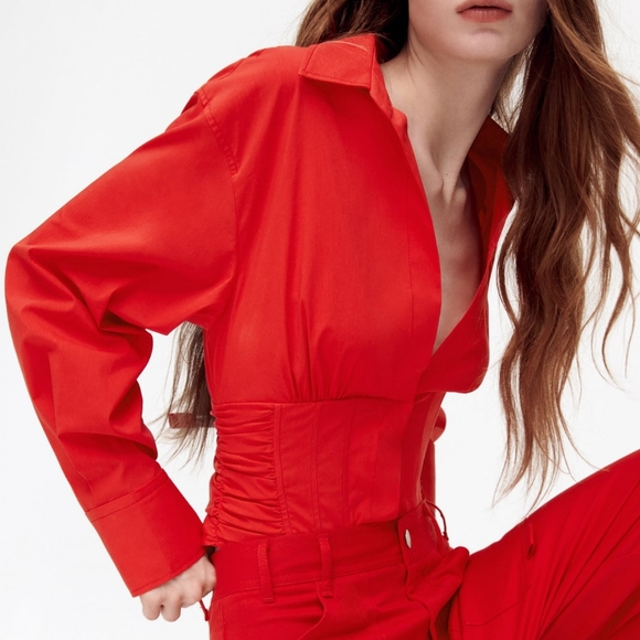 NWT ZARA Red Poplin Corset Waisted Button-Up Shirt S - Picture 1 of 9